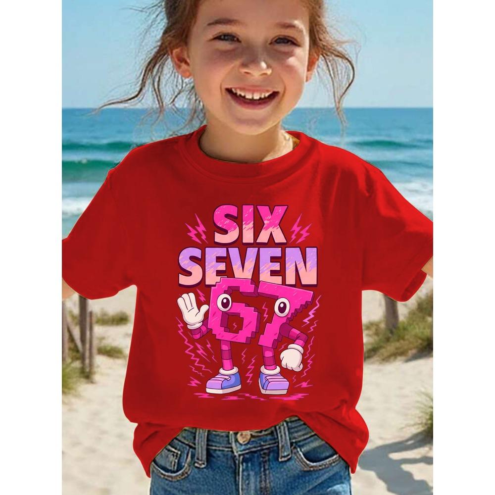 Summer Children's Round Neck Pure Cotton Short-sleeved Number '67' Colorful Printed Casual T-shirt, Fashionable Top for Girls 67