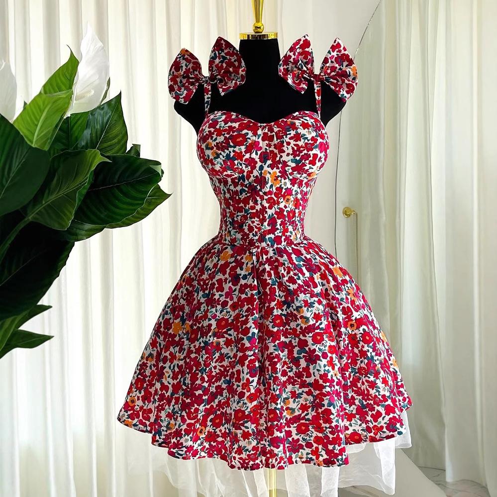 Spring 2025 Elegant Floral A-line Dress with Bow and Spaghetti Straps