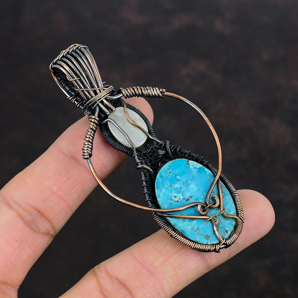Tibetan Turquoise Copper Pendant Wire Wrapped Gemstone Pendant Rainbow Moonstone Pendant Copper Wire Wrap Jewelry Handmade Pendant For Gifts