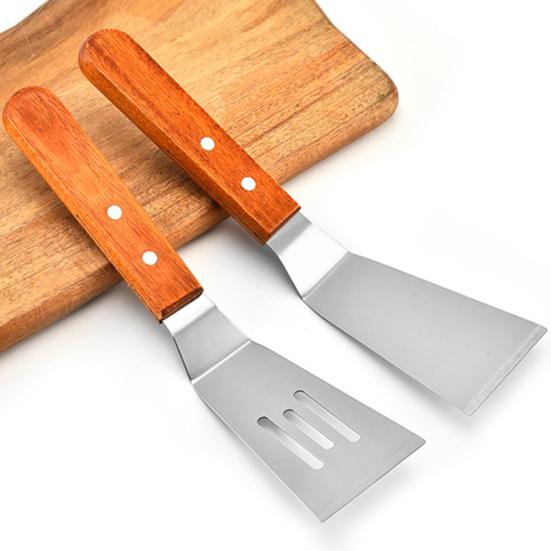Sada 4 nerezových lopat na smažení s dřevěnou rukojetí, odolné škrabky na gril, ploché grilovací příslušenství pro grilování a kempování