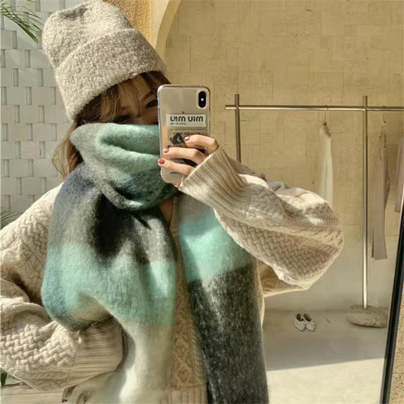 Damen Herbst & Winter Koreanischer Stil Regenbogen Karomuster Dickes Warmes Schal