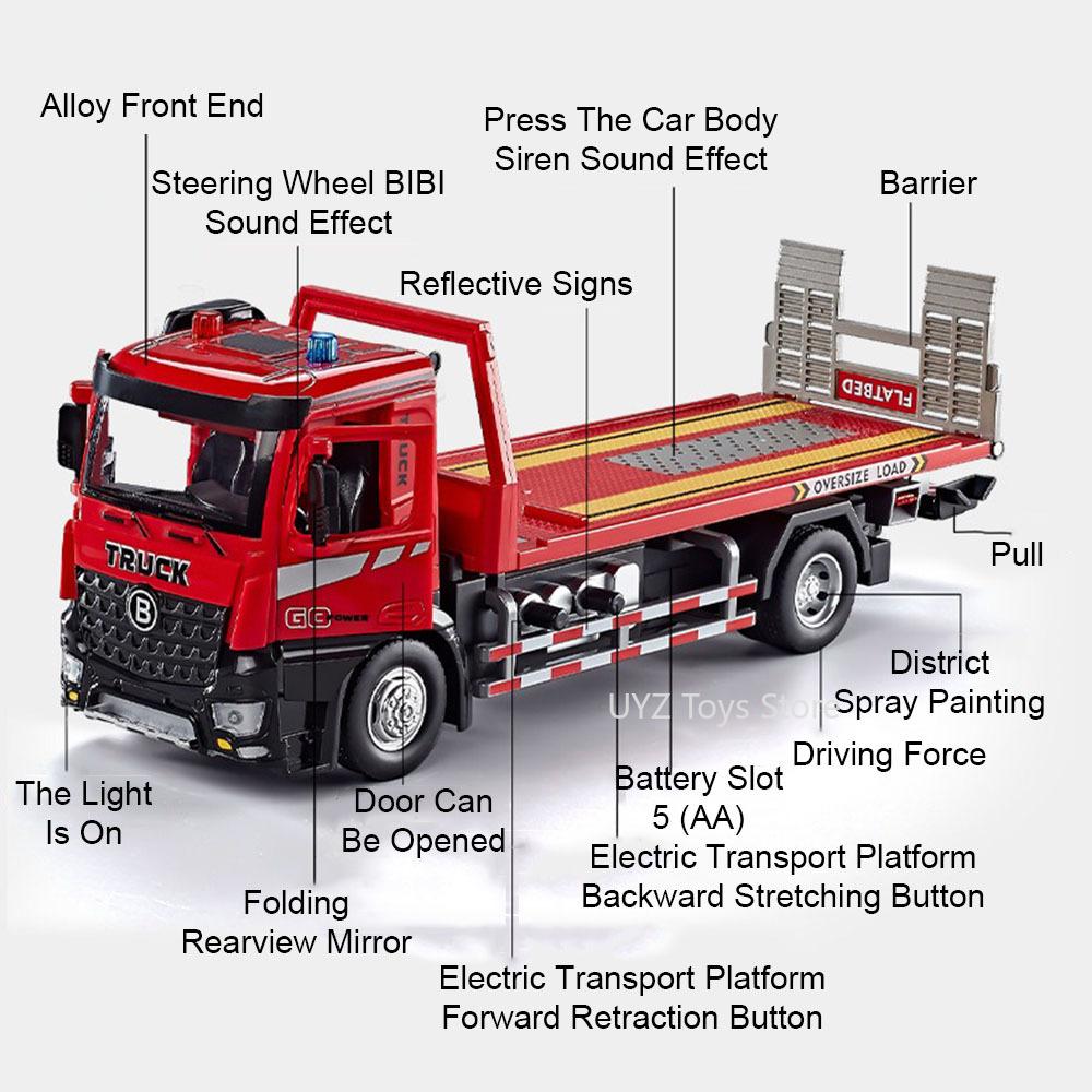 1:24 Electric Flatbed Trailer Cement Pump Truck Model Toys Diecast Alloy Car Doors Opened Sound Light Vehice Children's Boy Gift