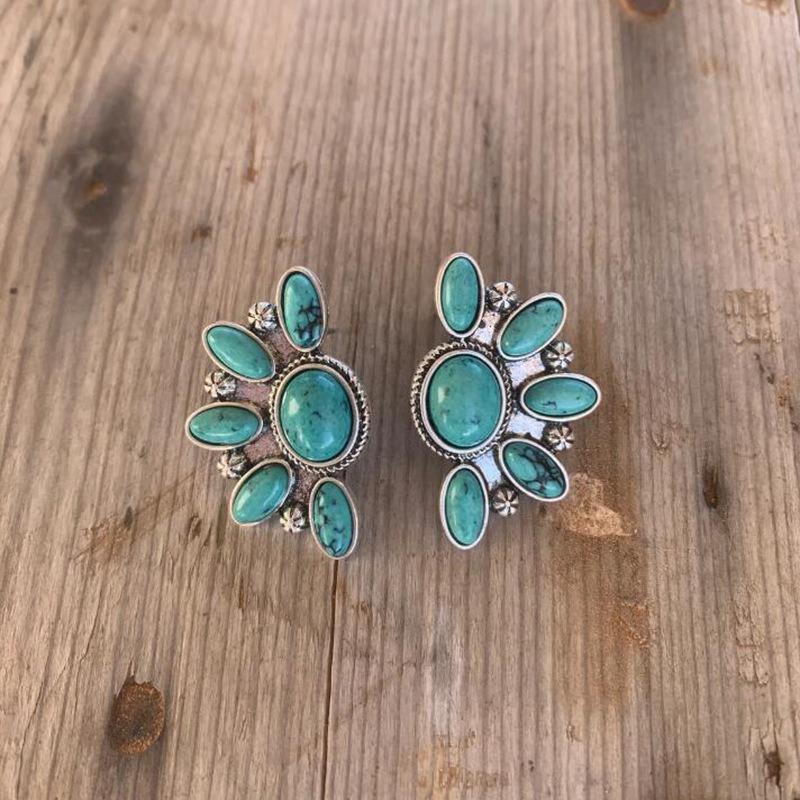 Bohemian Style Retro Geometric Flower with Turquoise Exaggerated Stud Earrings