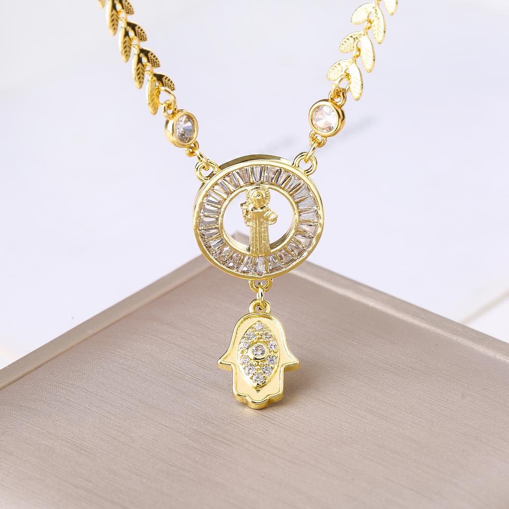 Our Lady of Guadalupe Hamsa Hand Stainless Steel Chain Necklace Gold Plated Zircon Religious Zircon for Women Charm Amulet Gift