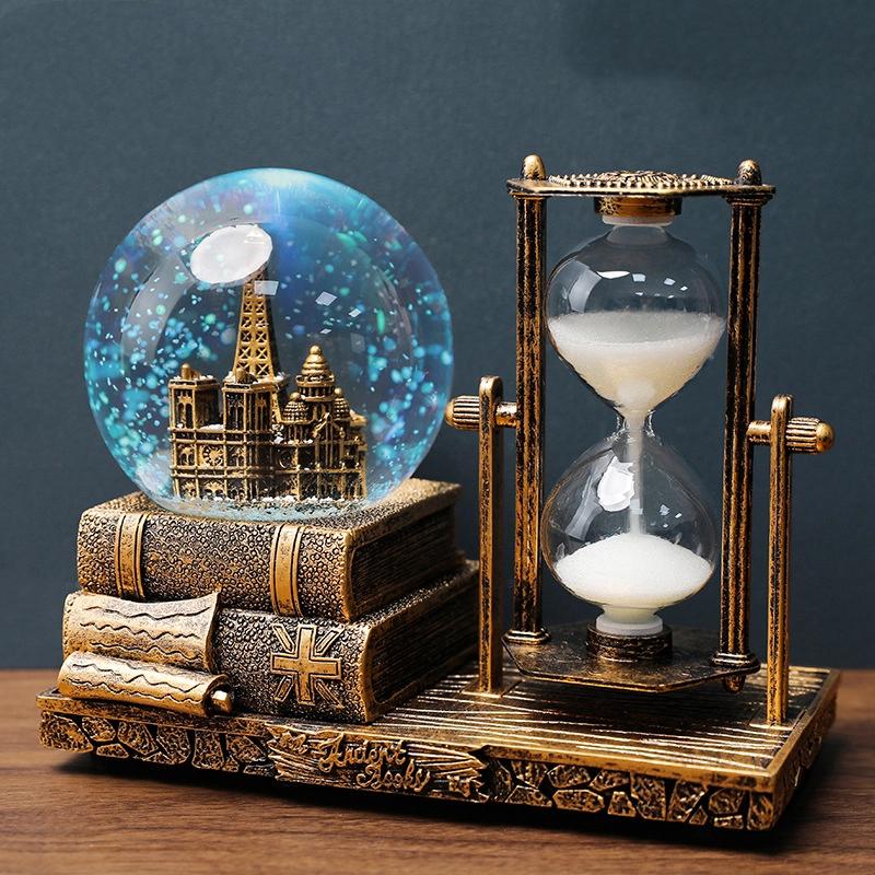 Vintage Eiffel Tower Hourglass Timer Crystal Ball Musical Box Illuminated Desk Decor 15 Minute Hourglass For Students Graduation Christmas Gift