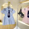 Girls Summer Polo Collar Striped Dress With Rabbit Print Preppy JK Uniform For Big Kids