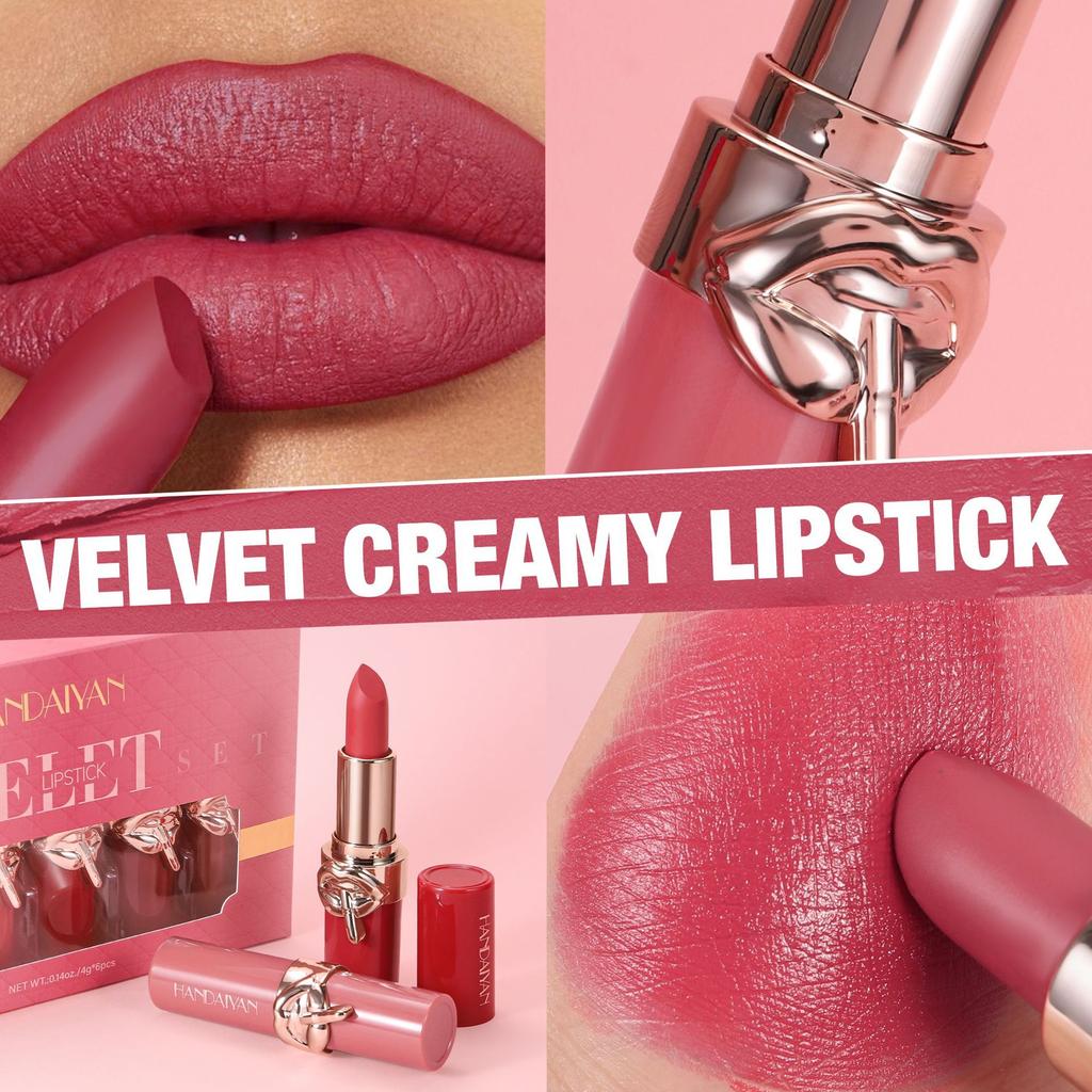 6 Color Set Non-Stick Cup Matte Lipstick Long-Lasting Waterproof Velvet Finish Lip Stain Classic High Pigment Lipstick Woman Makeup