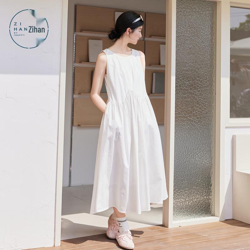 ZIHAN Women s 2025 Autumn White Pleated A-line Vest Dress L