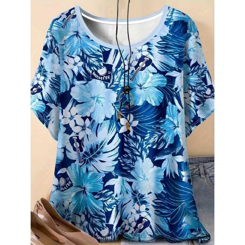 

Comfortable casual elegant resort style printed pattern plus size women s round neck T-shirt short-sleeved clothing S