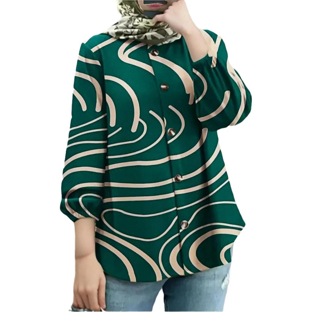 New Plus Size Women's Puff Sleeve Floral Button Shirt