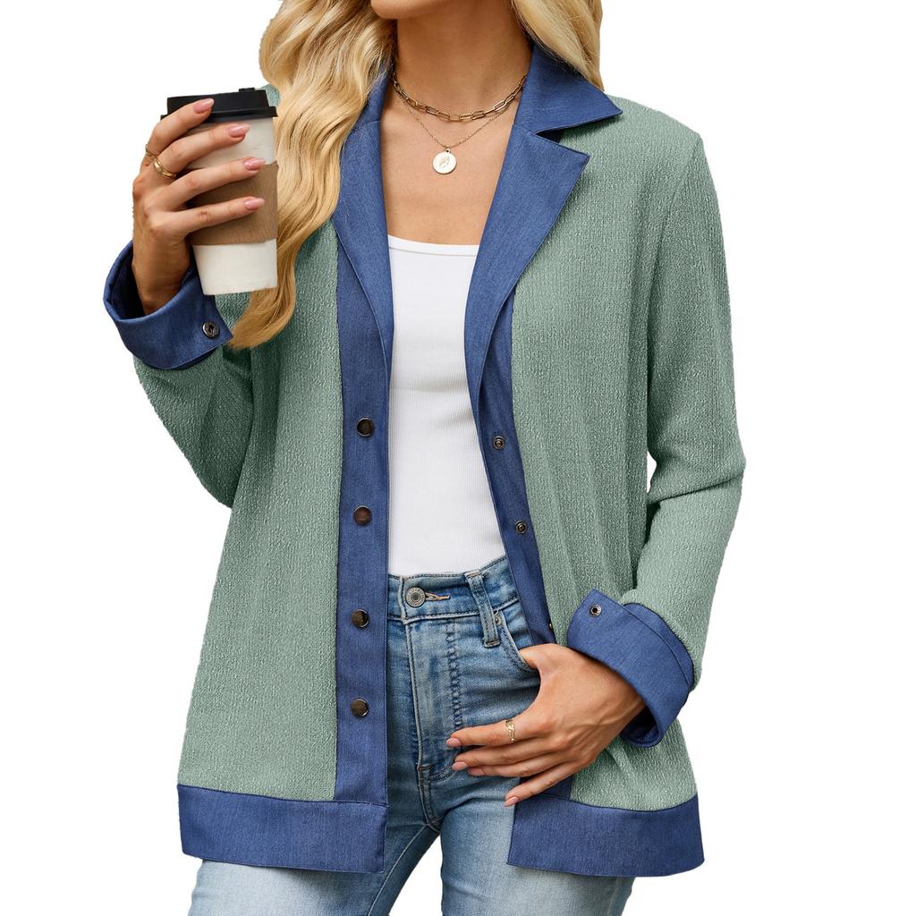 Women's Denim Blouse with Lapel Collar and Button Front - Loose Fit Long Sleeve Casual Top