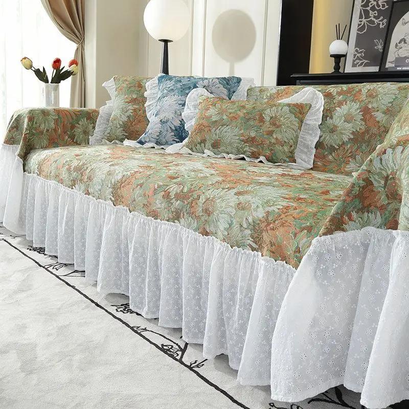 Vintage Žakárová látka na potah pohovky s vysokou hustotou Univerzální pro čtyři roční období Volánkový okraj Potah na gauč Jednodílný Prachotěsný Ručník na pohovku