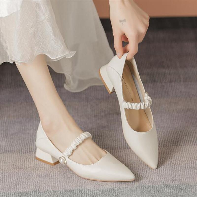 Genuine Leather Women's Shoes Elegant Casual Office Black Shoes Ladies Thick Heel Woman Pointed Toe Fashion Dress Party Pumps