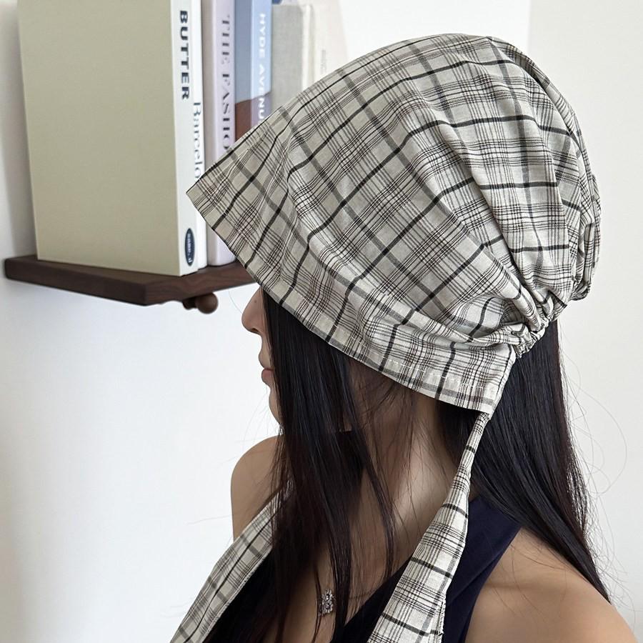 Japanese Plaid Tie-Up Headband Beanie for Women: Spring/Summer Fashionable Versatile Design