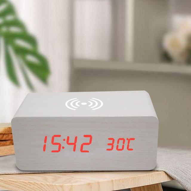 Wireless LED Wood Clock: Digital Alarm with Thermometer, Calendar & Charging Function