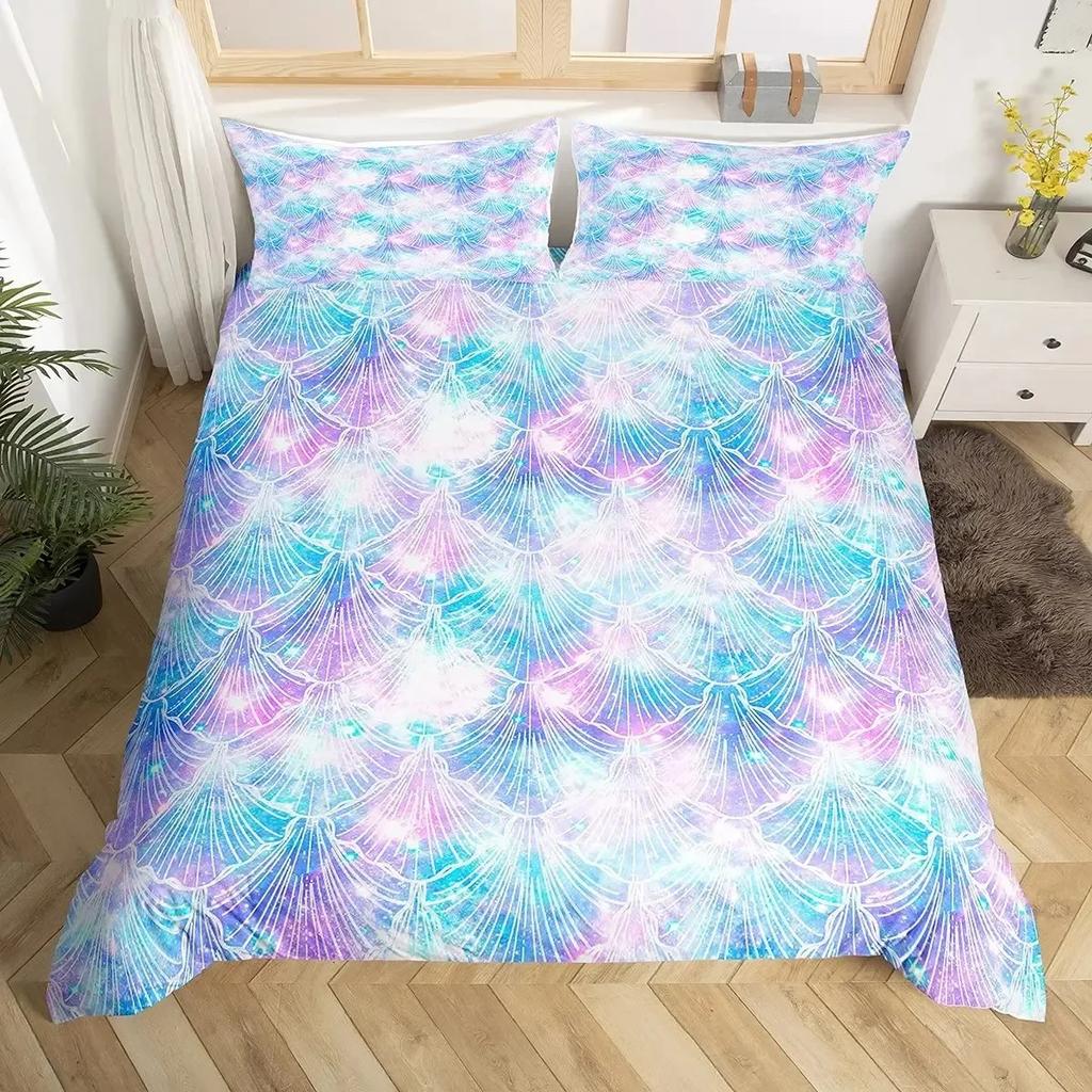 Mermaid Tail Fish Scales Girly Shell Starfish Comfortable Duvet Quilt Cover Pillowcase Bedding Set Children Bedroom Home Textile