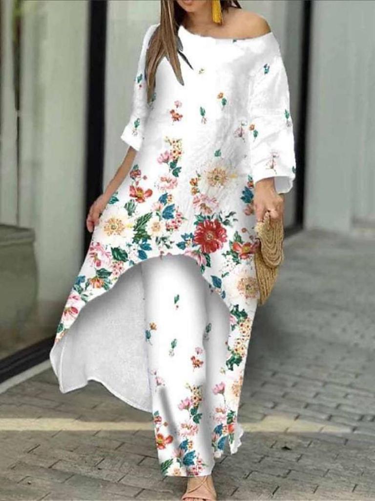 2025 Women's Casual Loose Print Nine-Sleeve Sun Protection Shirt & Wide-Leg Pants Set