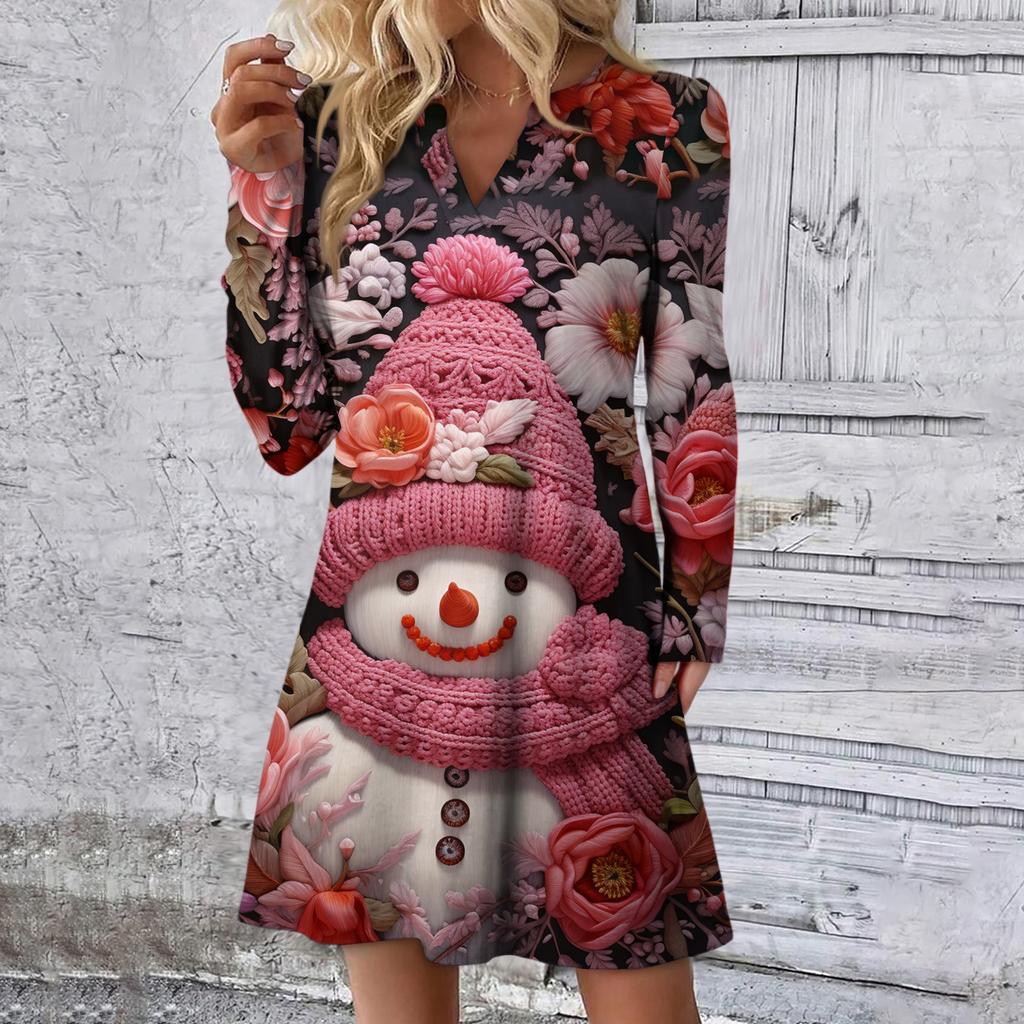 Women's Christmas Printed Dress Loose V-neck Casual Long Sleeved Dress