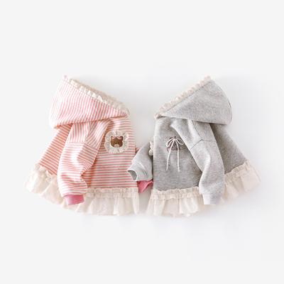 Girls' 2025 Autumn Fashion Hooded Sweatshirt with Appliqué Bear and Lace Trim