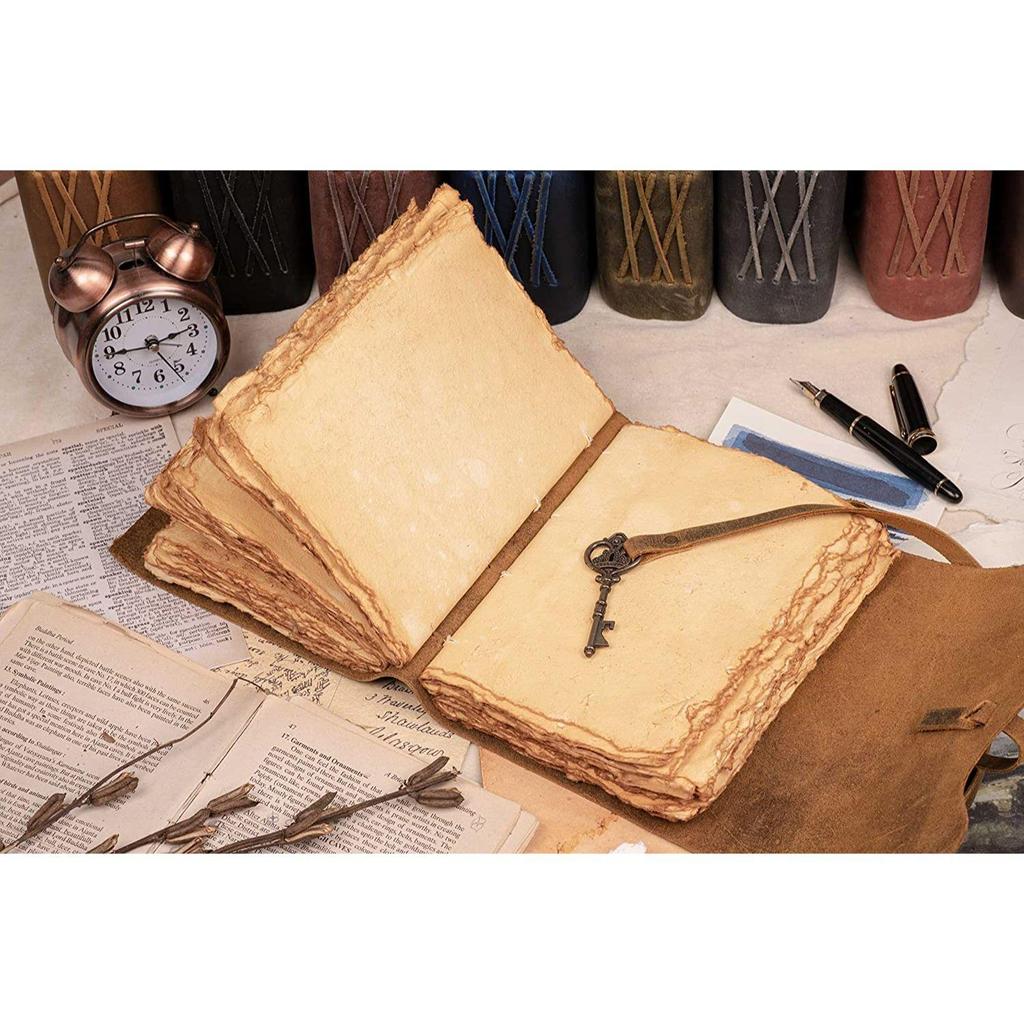 Handmade Vintage Leather Diary -Vintage Handmade Pages - Antique Key Closure - Green Color. Size 6x4 Inches