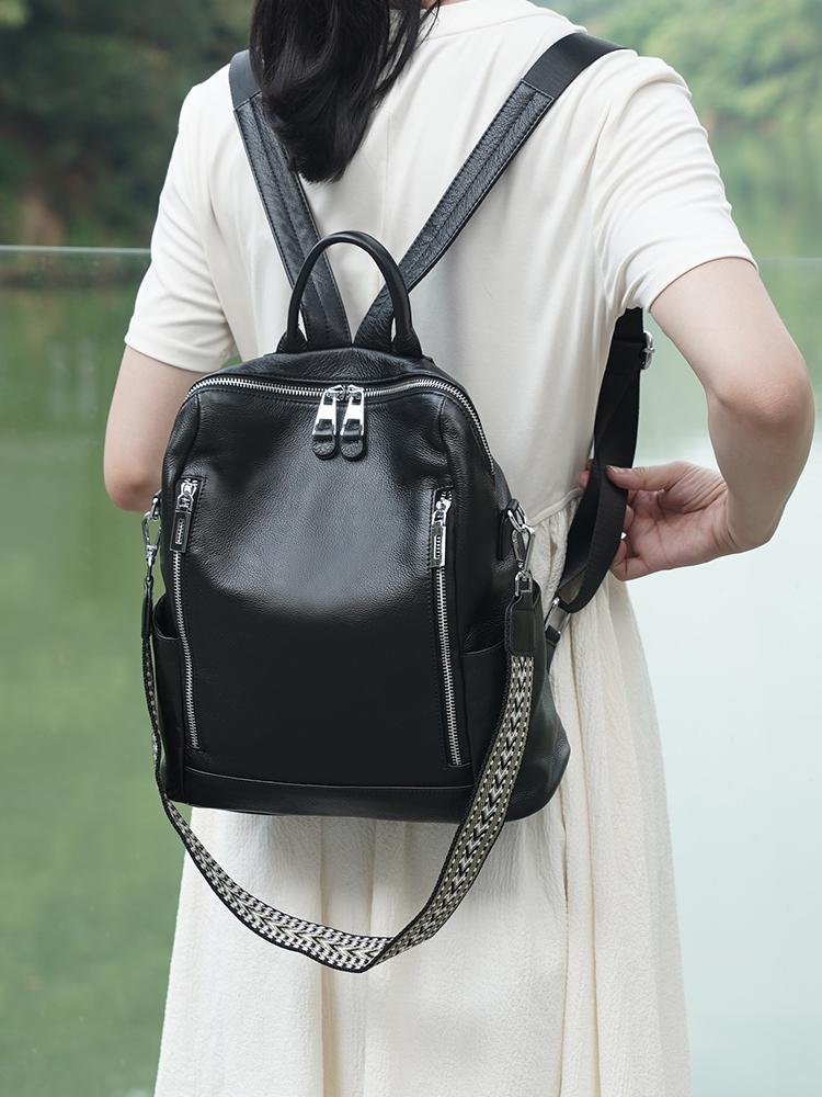 Zency Fashion Genuine Leather Backpack Multi-pocket Design Travel Convertible Shoulder Bag