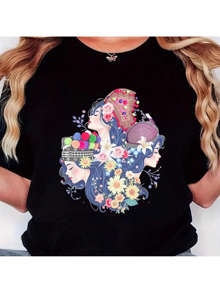 Wo T-Shirt, Three Miao Girls Flowers Print, Retro Minimalist Fashion, Round Neck, Casual And Comfortable, Sports Short-Sl