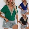 Summer Women's Lace Trim V-neck Short Sleeve T-shirt, European American Style Casual Tops For Women