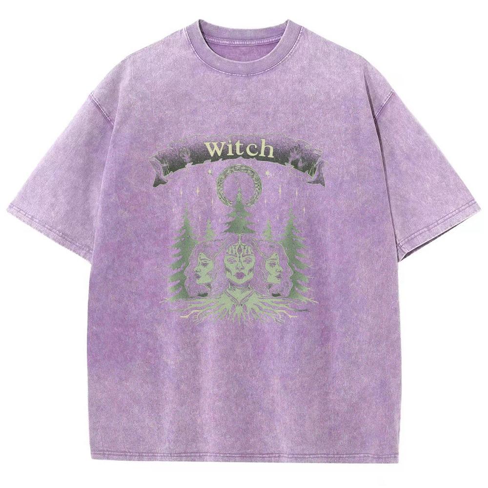 Vintage Style Three Witch Print Women's T-Shirt Oversized Washed Tees Summer Selling Unisex Niche Design Short Sleeve