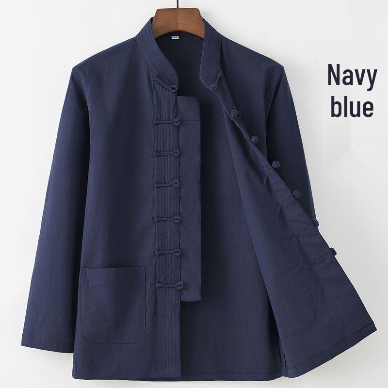Men's Retro Tang Suit: Stretch Cotton Shirt with Stand Collar & Frog Button
