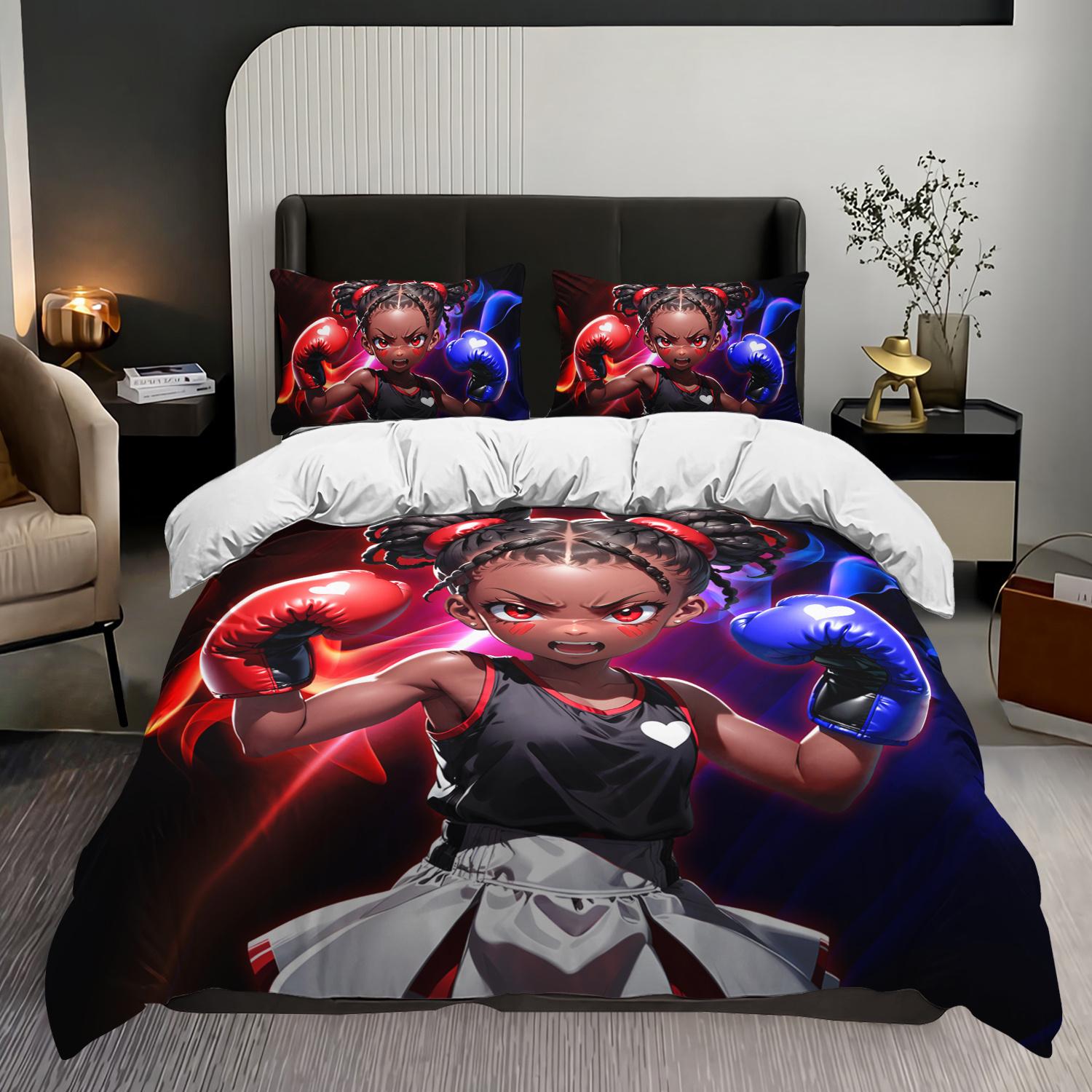

Комплект пододеяльника и наволочек с 3 предметами Аниме Девушка Боксер Комплект постельного белья для черной девушки Декор спальни для девочки-подростка Четыре сезона (1 пододеяльник + 2 наволочки US Twin(172x218cm)
