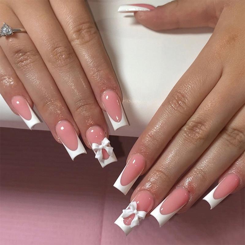 

French Press-On Nails: Long Tips with Bows - Sweet, Stylish, Ready-to-Ship
