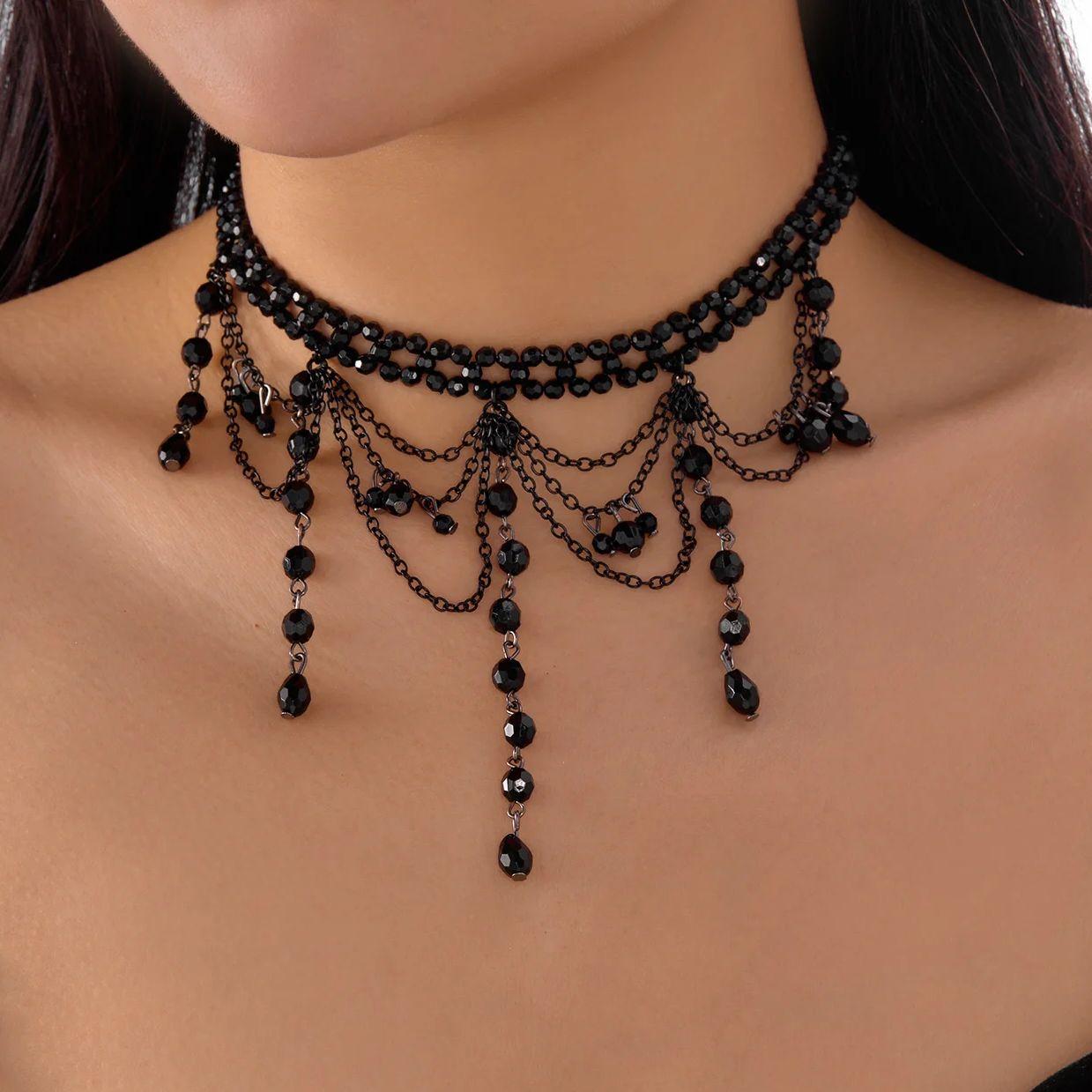 Lucky Star Jewelry Women's Black/Red Creative Goth Water Drop Crystal Tassel Pendant Choker Necklace For Multilayer Blood Drop Necklace Party Jewelry