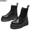 Locomotive Boots with Thick Bottom Hole, Side Zipper, British Women's Short Boots, Muffin Bottom Black.