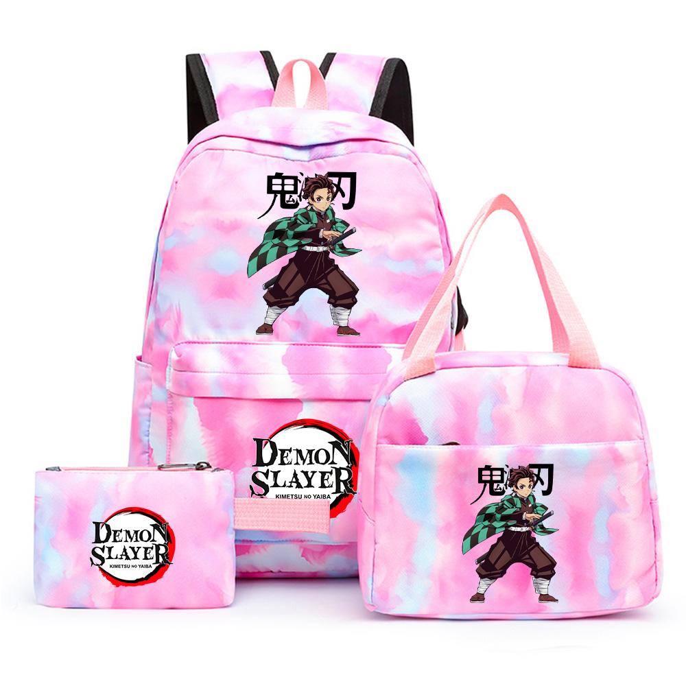 3 st/set Anime Demon Slayer Tryckt Ryggsäck med Matlåda Pennfodral för Tonåring Tillbaka till Skolan Stor Kapacitet Vattentät Skolväska Flickpojke Gåva
