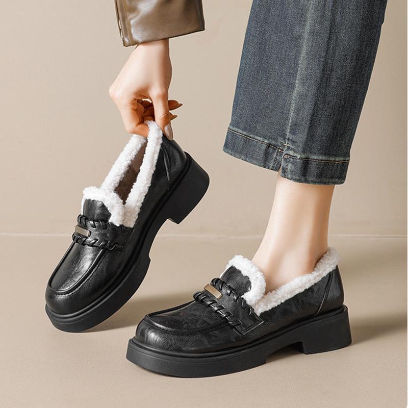 Soft Black Winter Fur Shoes Women Loafers Warm Plush Non-slip Fashion Brand Ladies Shoes Square Heels 4cm Plus Size 42