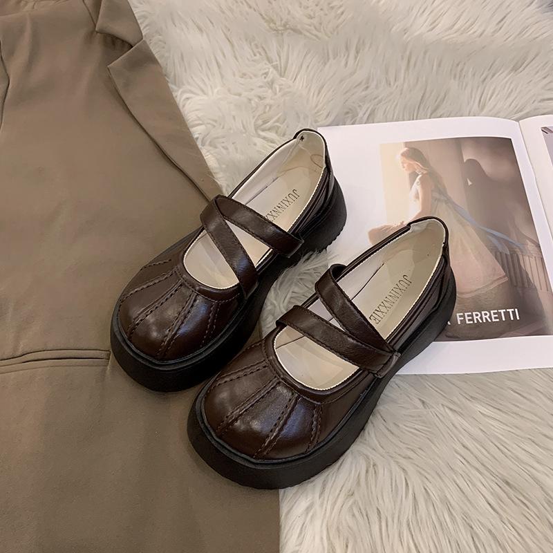 College Style Brown Platform Small Leather Shoes Women'S Velcro Loafers Spring And Summer Wear Mary Jane Single
