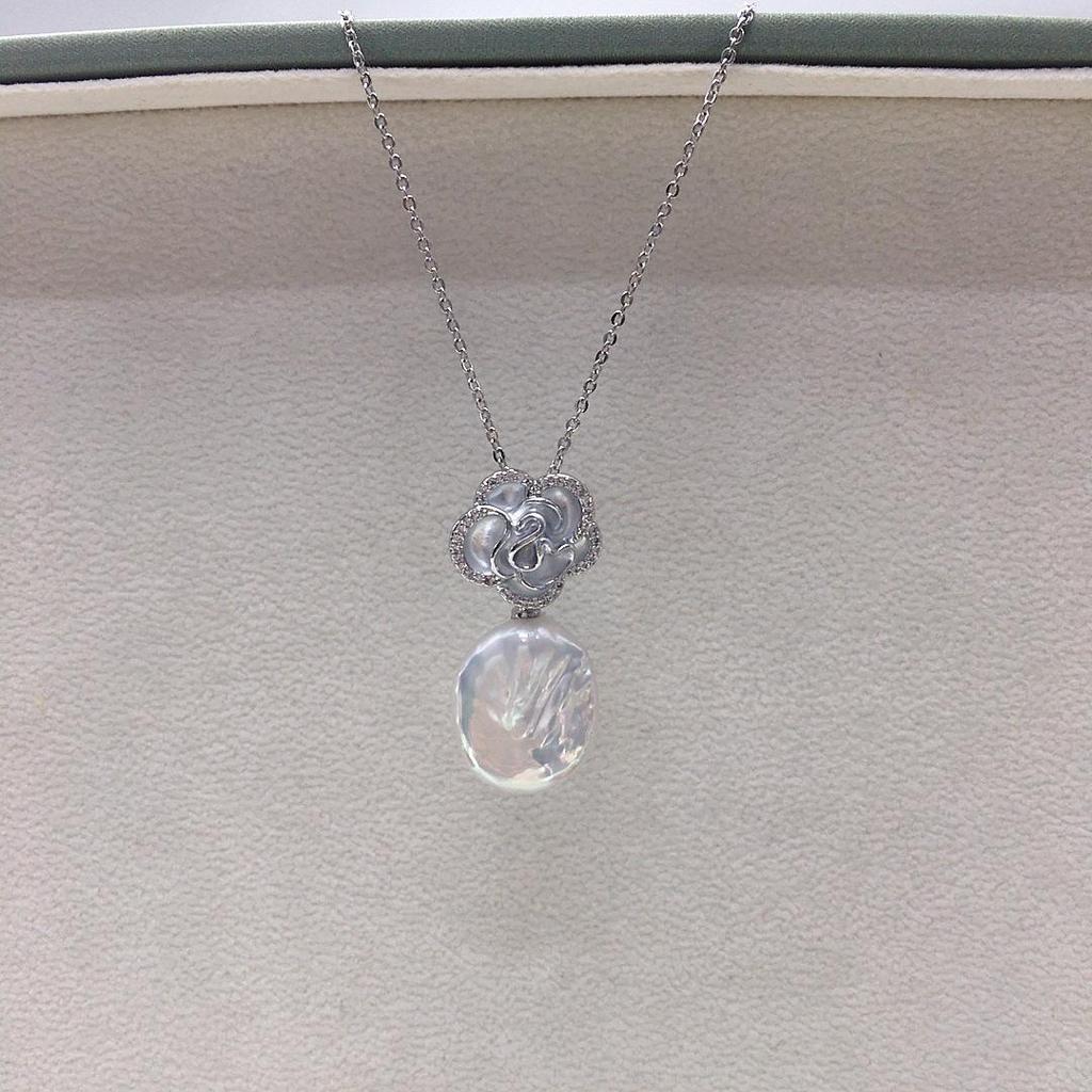 Zhuji Classic Camellia Baroque Pearl Pendant Necklace with Micro-Paved Zircon