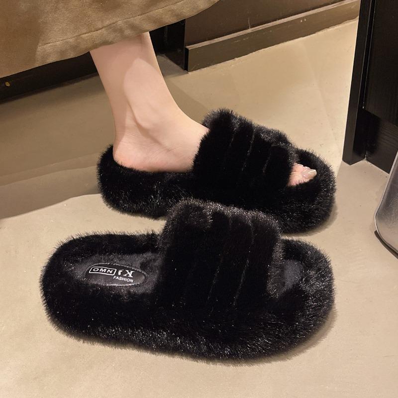 New Autumn Fluffy Slippers Women's Fashion Thick-bottomed Plush Casual Cotton Slippers Women