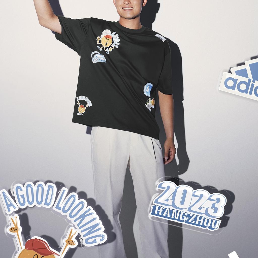 Adidas Hangzhou Wuyibing Cartoon Print Casual Sport Round Neck T-Shirt Unisex Tops Black JE0950