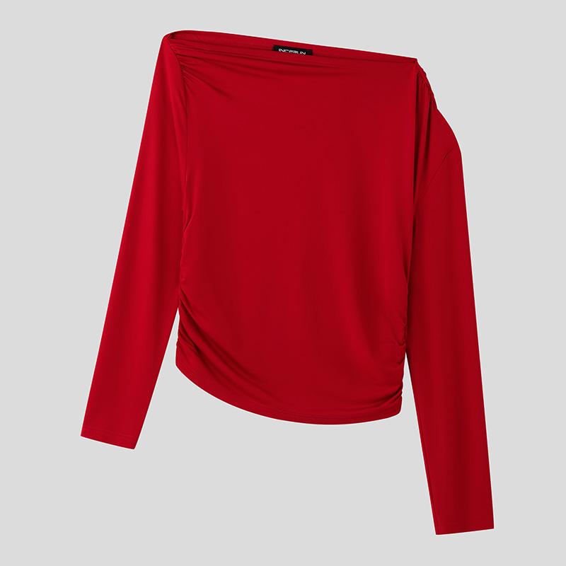 

INCERUN Мужские одно плечо с длинным рукавом нестандартные топы приталенные оборчатые майки 3XL красный