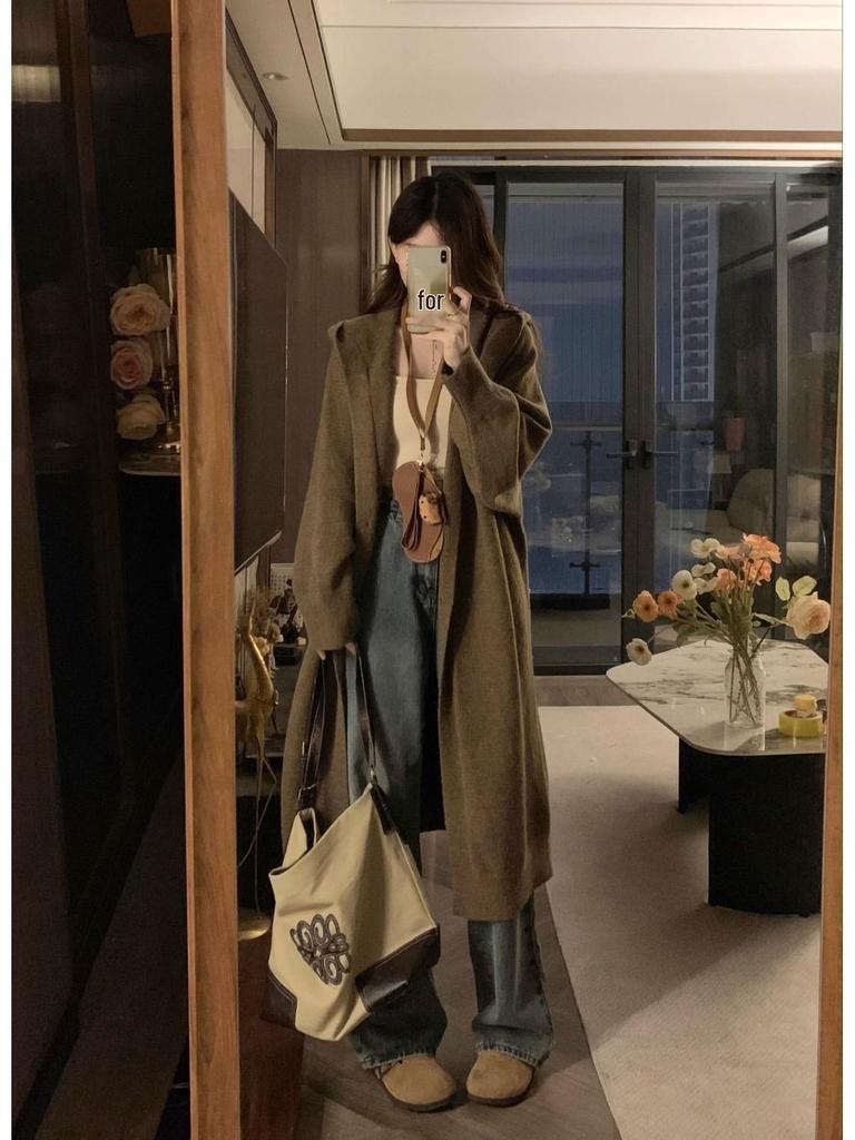 Women's Hooded Knit Cardigan - Maillard Style, Long, Cozy, 2025 Autumn/Winter Collection, Student Lazy Fit