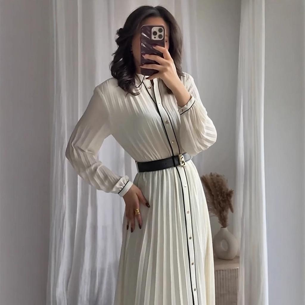 Women's Colourful Lapel Pleated Dress Corseted Long Sleeve Single Breasted (With Belt) Long Dress Elegant Women's Clothing