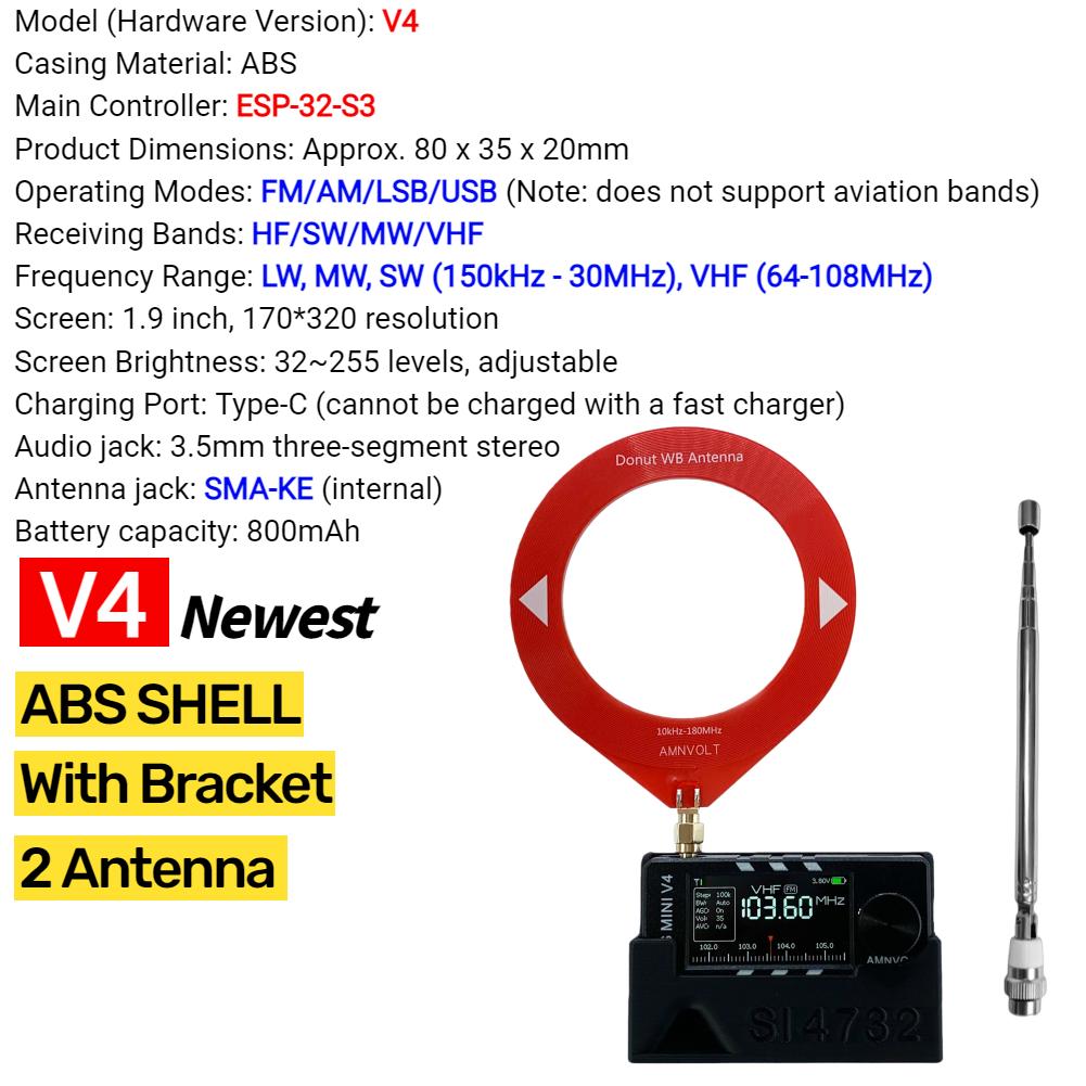 AMNVOLT V4 ATS MINI SI4732 All Band DSP Radio FM AM SSB LSB USB Receiver Pocket Radios Built-in Hi-Z Headphone Amplifier Genuine