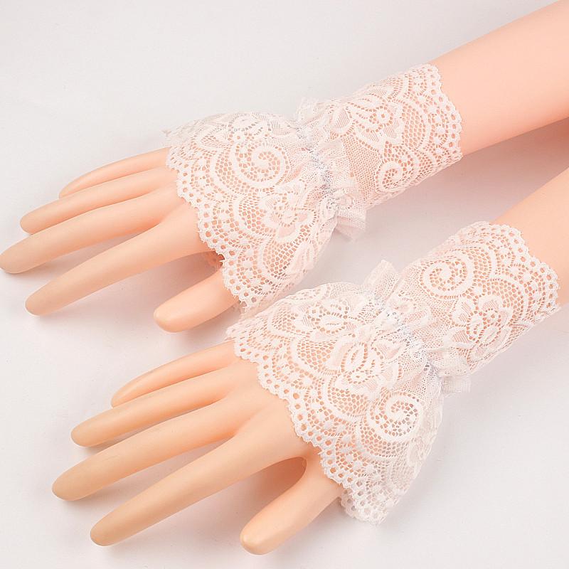 1Pair Detachable Cuffs Pearl Lace Mesh Fake Flared Sleeves Double Layer Pleated Ruched False Cuffs Sweater Blouse Wrist Warmers