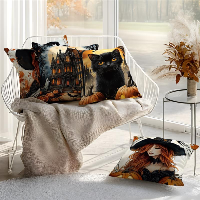 Home Decor Halloween-themed Witch & Cat Pattern Pillow Covers Pattern Cushion Cover Suitable for Sofa Bedroom Car Pillow Cover