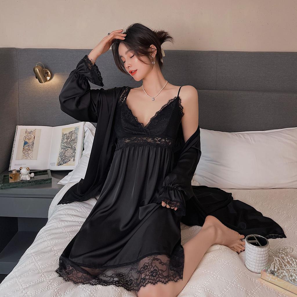 Pure desire style nightgown spring and autumn ice silk sexy long nightgown with chest pad two-piece set suspender pajamas women's high-end summer