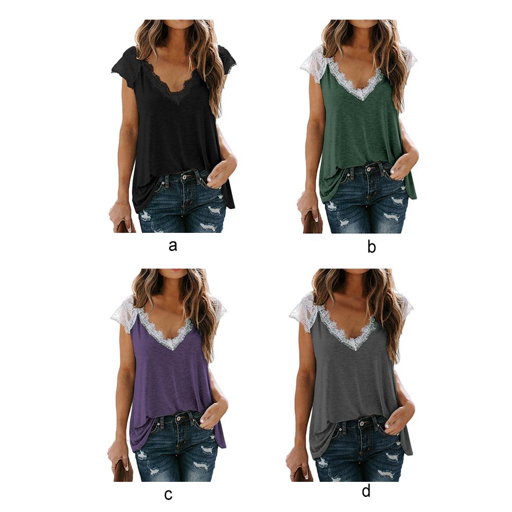 Women T Shirt V Neck Lace Sleeveless Casual Tops
