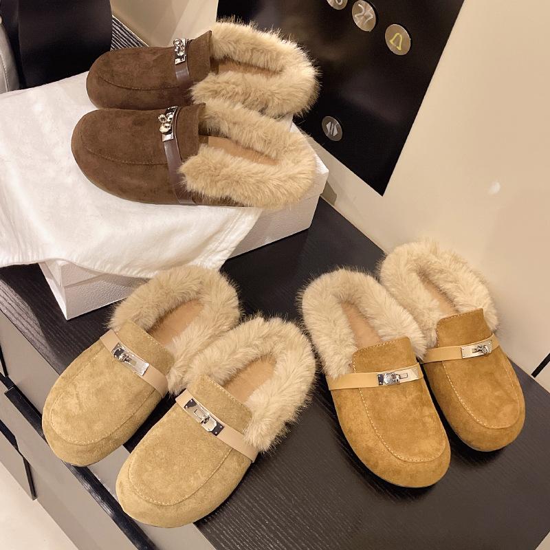 Korean version of retro metal fluffy slippers women's outer wear 2025 autumn and winter new plush muller shoes bag head cotton slippers