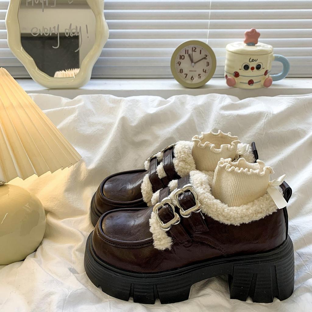 Ladies Thick Bottom Winter Fur One Warm Anti Cold Padded Snow Boots Non-slip Wear Casual Sports Cotton Boots Mary Jane Leather Shoes Loafers Shoes