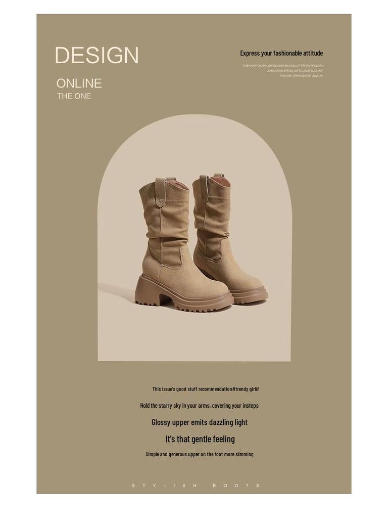 2025 Women's High-Heel Autumn Ankle Boots - Hidden Heel, Mid-Calf, Fleece-Lined Martin Style